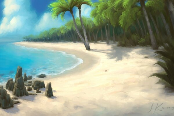 Painted tropical beach with palm trees