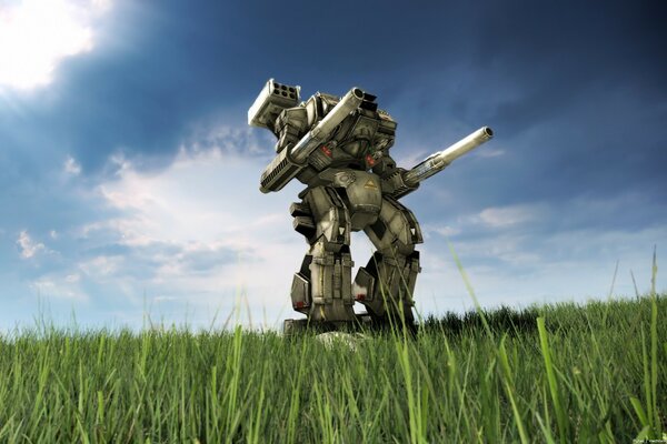 A big robot on a blue sky background