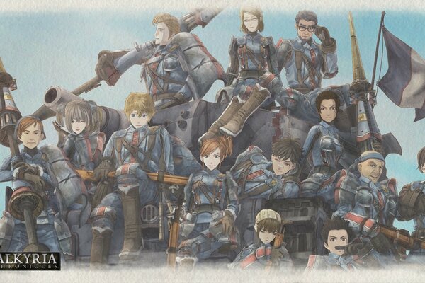 A group of teenage soldiers in anime style