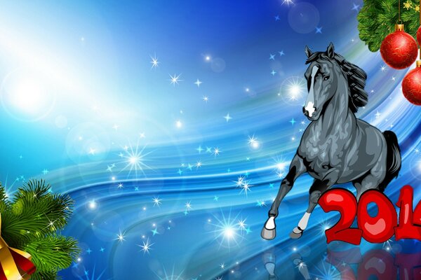 Новогодняя лошадка бежит на голубом фоне
