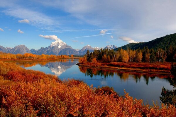 The river flows towards the mountain