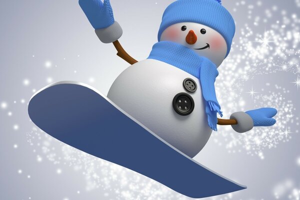 Snowman on a skateboard on a gray background