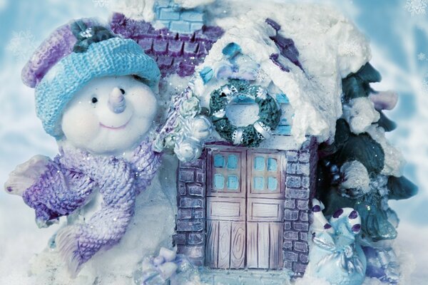 与雪人和房子的新年照片