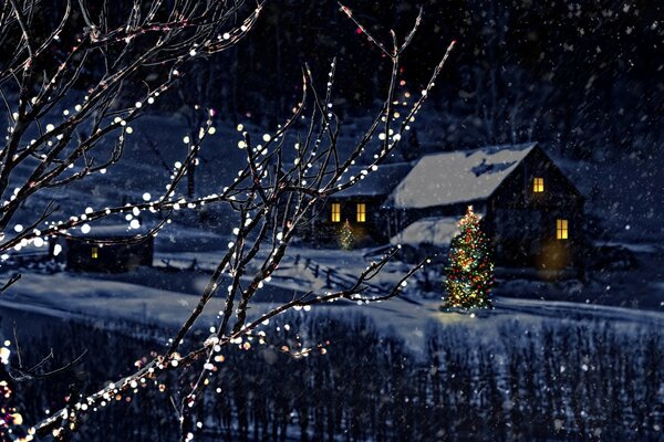 Garland on a snow-covered tree at Christmas