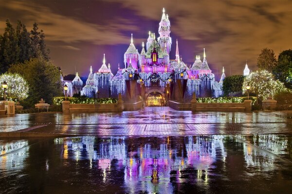 Illuminated castle surrounded by a park