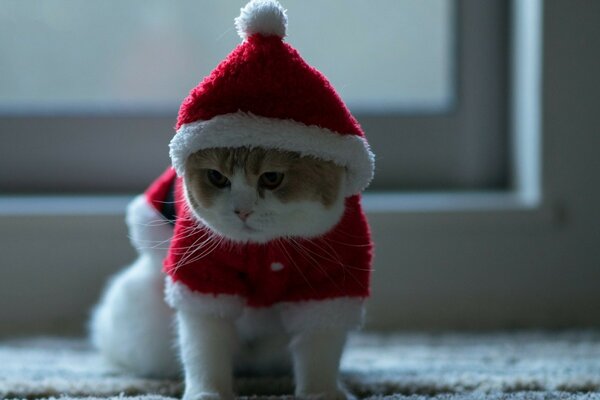 सांता क्लॉस टोपी में एक प्यारी बिल्ली