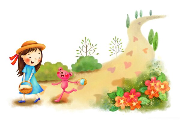 Illustration of a girl with a basket and a teddy bear