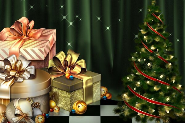 Иллюстрация нового года, елка с подарками