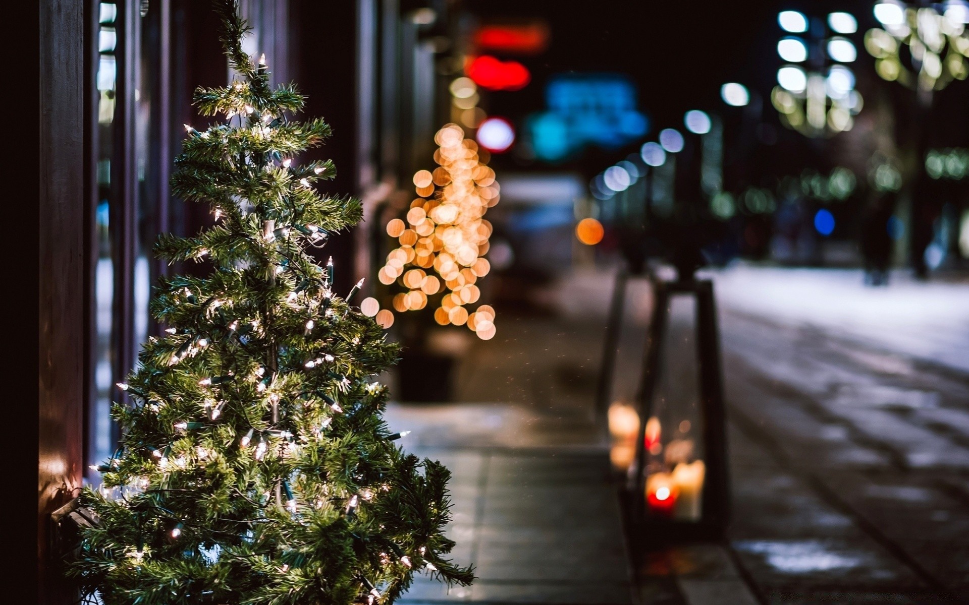 navidad invierno árbol de navidad desenfoque árbol nieve vacaciones calle luz ciudad iluminado carretera madera noche