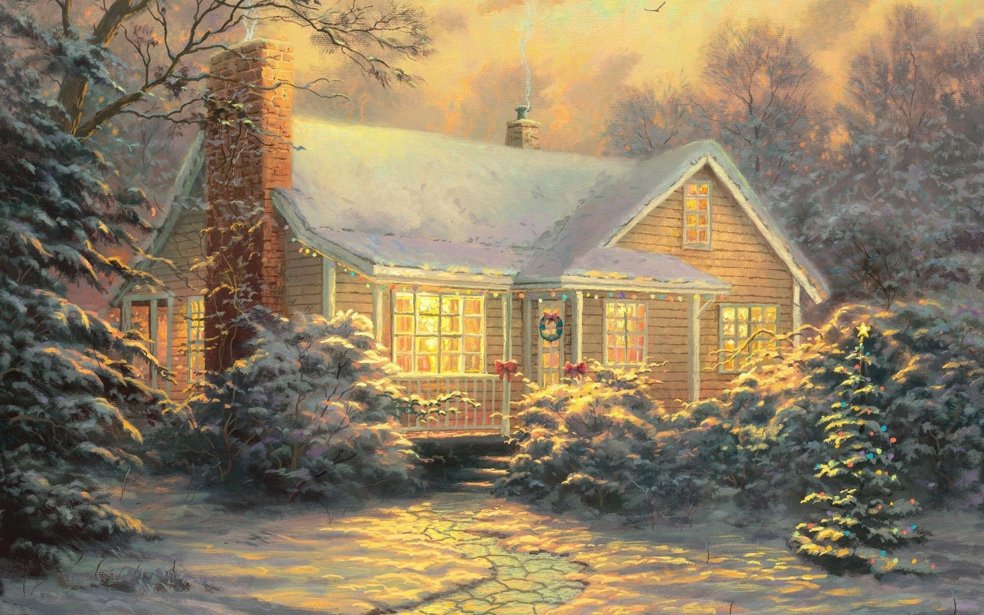 Christmas Cottage By Thomas Kinkade Free Wallpapers