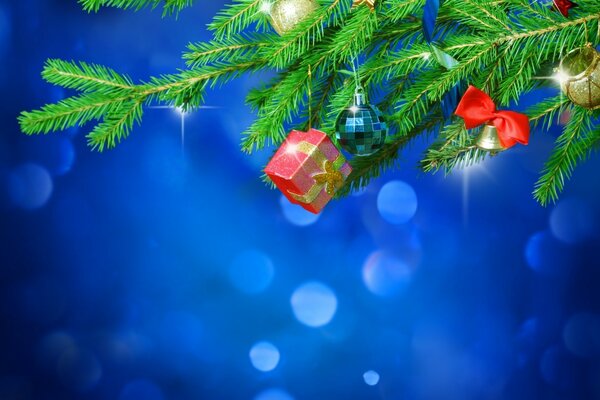 A green branch of a fir tree with toys suspended on it on a blue background