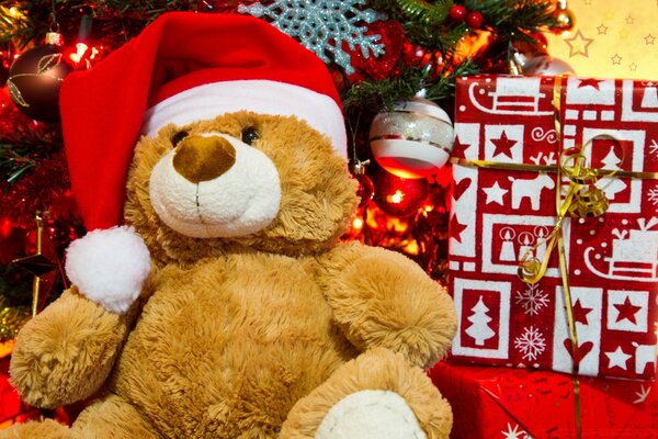 Teddybär in einer Weihnachtskappe auf dem Hintergrund eines Weihnachtsbaumes und eines Geschenks