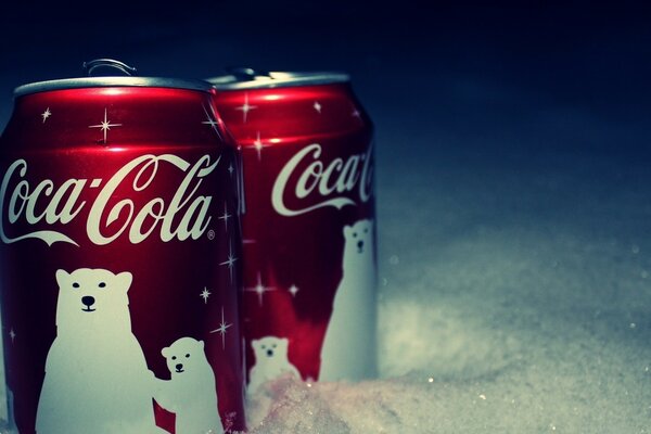 Two cans of Coca Cola standing in the snow