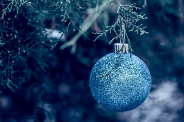 Bola azul de año nuevo en el árbol de Navidad