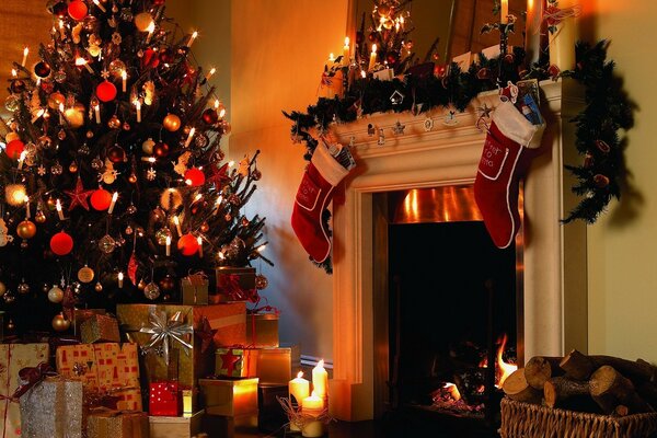 Decorated fireplace and Christmas tree with gifts