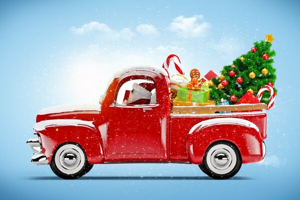 Грузовик автомобиль едет с подарками на рождество