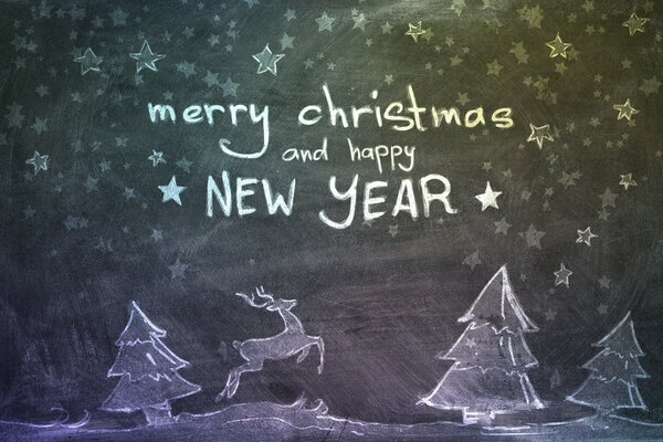 Congratulations on the New Year and Christmas with chalk on the blackboard