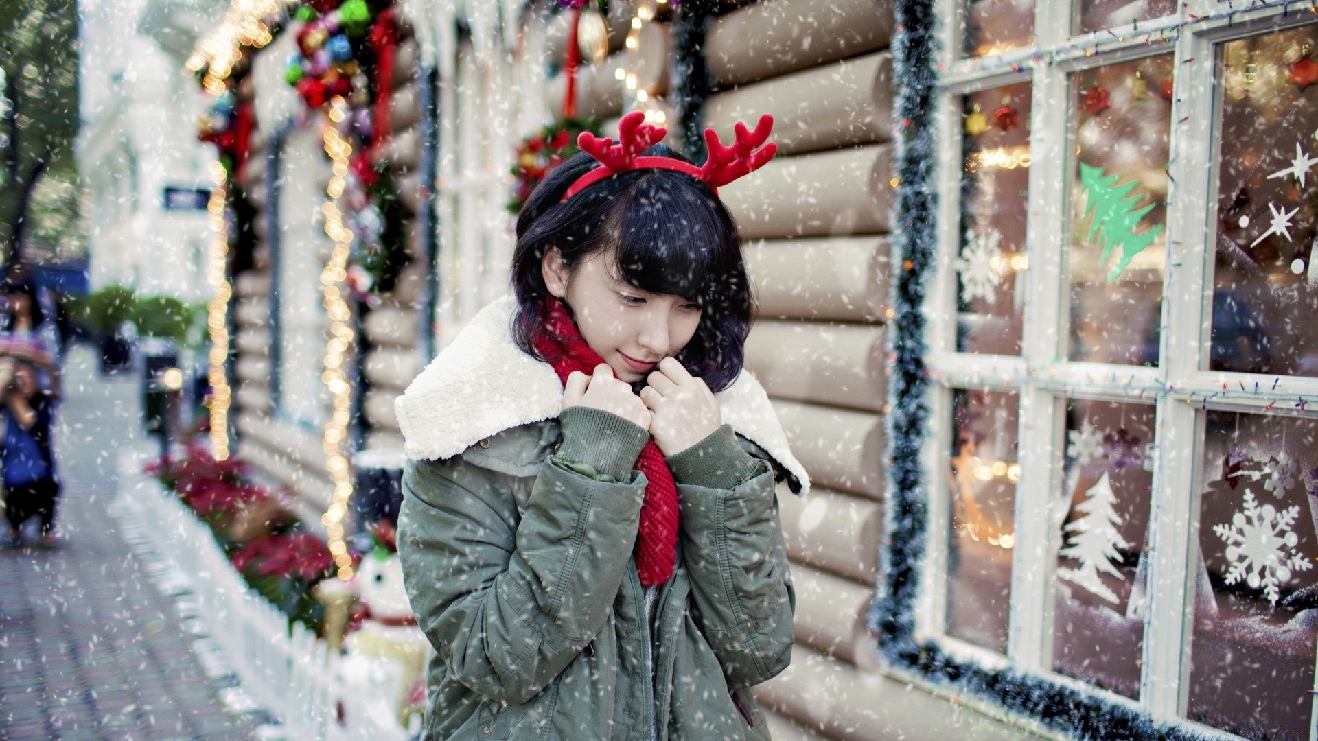 christmas winter street woman city outdoors snow urban portrait wear