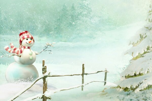 A snowman in the forest near a snow spruce