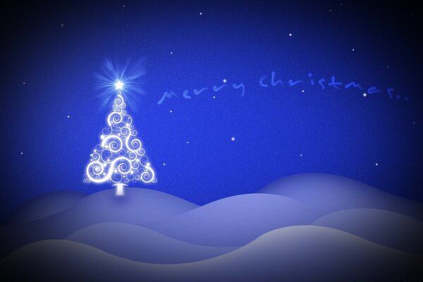 Stylized image of a Christmas tree in the snow in the light of the moon