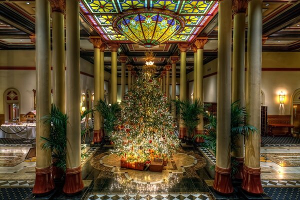 Photo of a chic hall with a Christmas tree