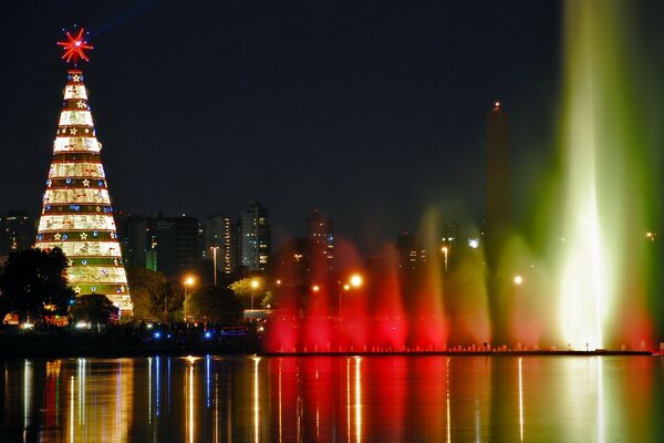 Árbol de la ciudad y fuente luminosa en el río