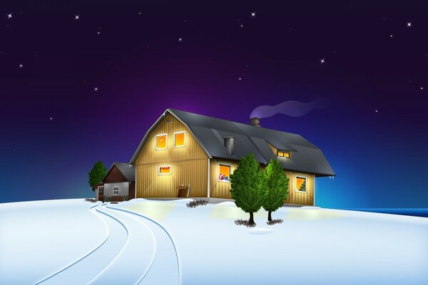 Домик зимой в новогоднюю ночь