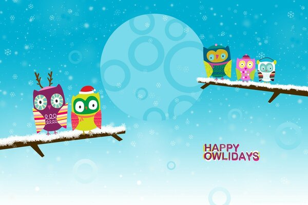 Original owls on twigs in winter