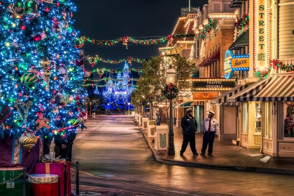 Christmas evening street decorated with lights