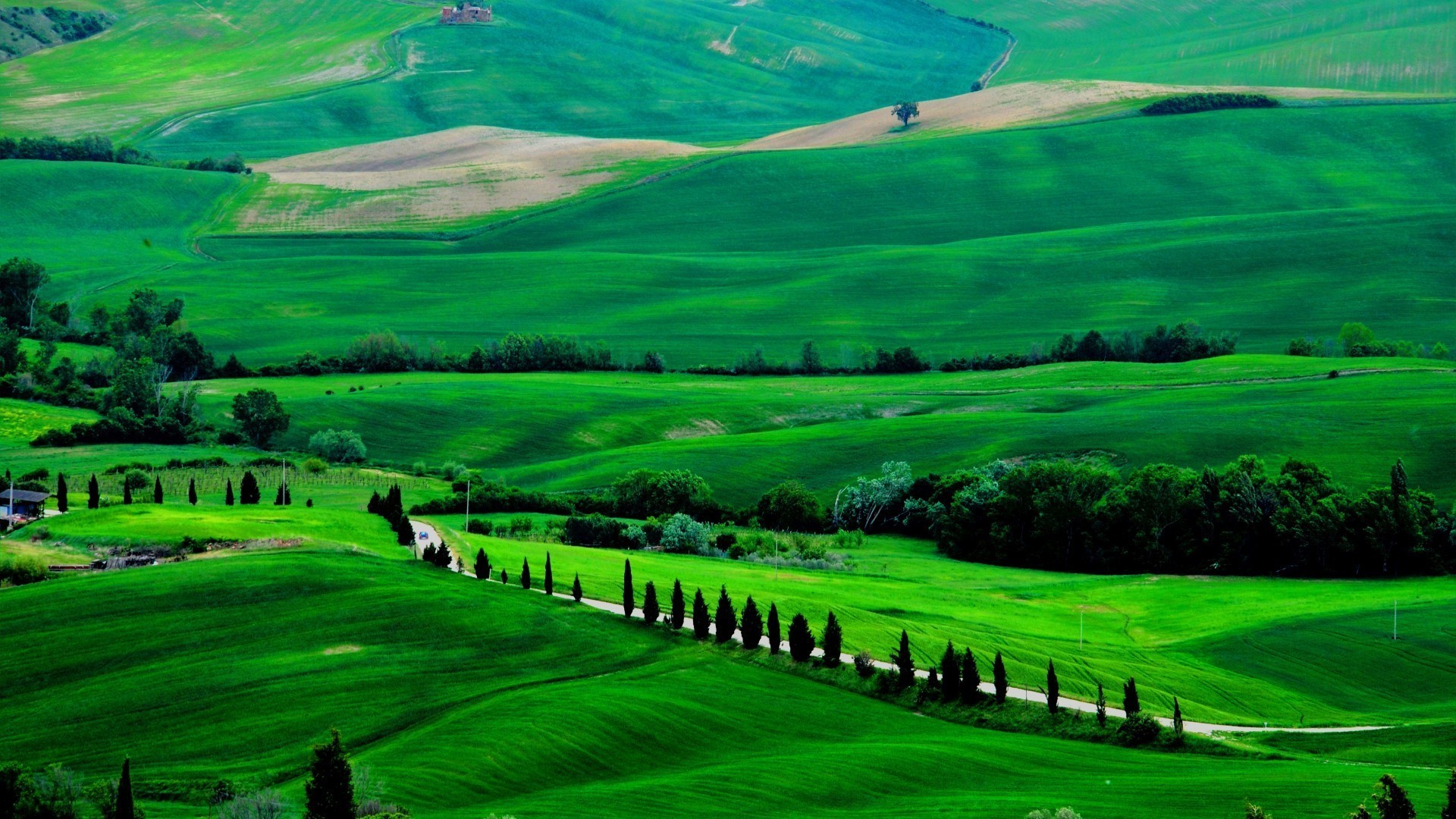 felder wiesen und täler landwirtschaft landschaft ländliche landschaft bauernhof feld gras natur weide ackerland bewirtschaftetes land heuhaufen golf sommer land hügel im freien zypresse himmel