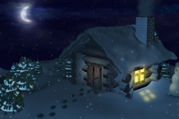 Picture of a winter house with a snowman