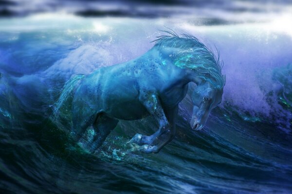 Illustration d un cheval parmi les vagues de la mer