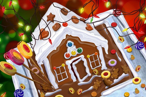 Gingerbread house in festive garlands