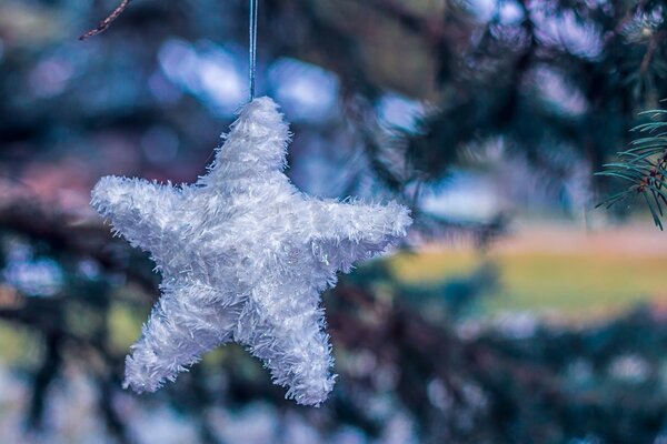 Uma estrela peluda na árvore de Natal. Decoração de Natal