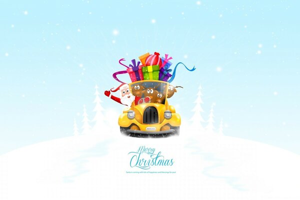 Illustration Santa Claus with reindeer in a car carrying gifts