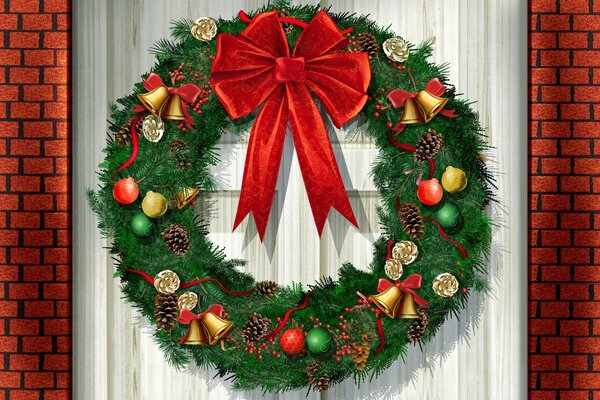 A wreath for Christmas decorates the door