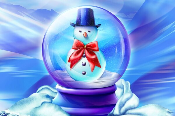 A snowman with a red bow in a hat in a balloon