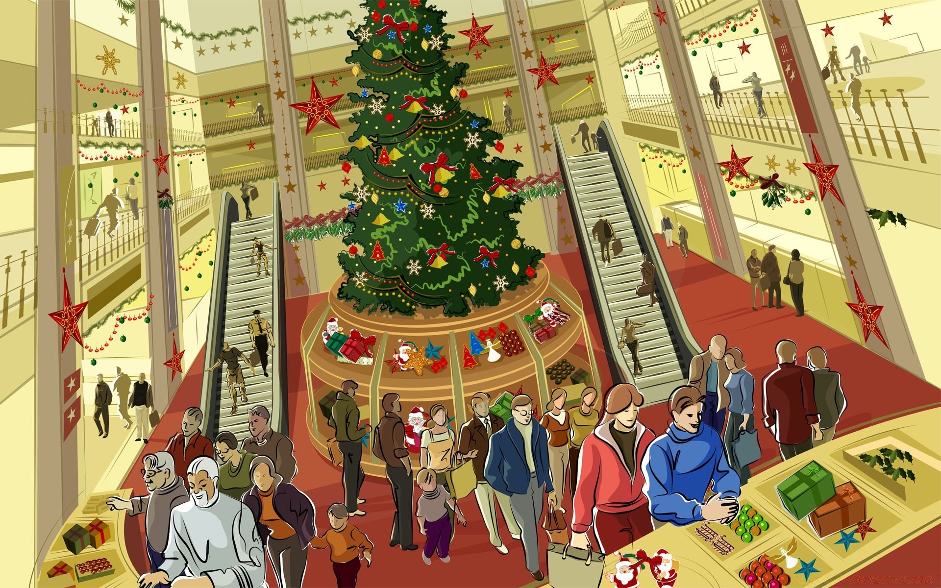 christmas illustration shopping vector indoors stock commerce sketch