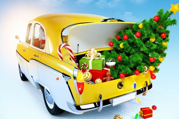 Carro amarelo leva árvore de Natal e presentes no porta-malas