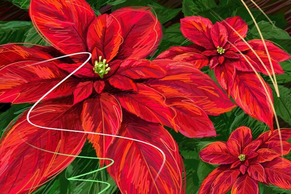 Rote Blüten auf einem Hintergrund von grünen Blättern