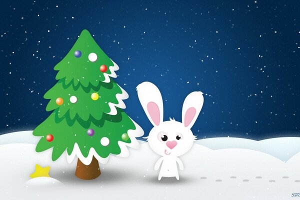 Weihnachten-Illustration. Weißer Hase am eleganten Weihnachtsbaum im Winter