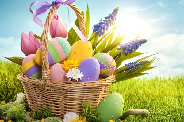 A basket with colored eggs and flowers