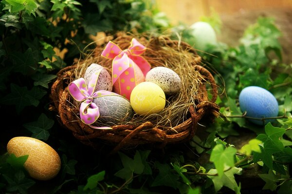 Wicker basket with Easter eggs