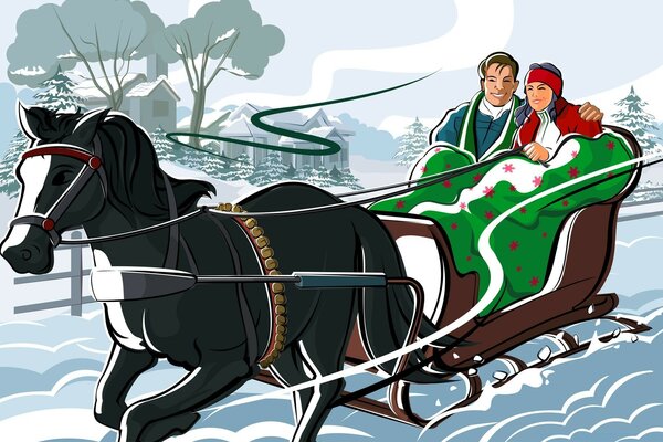 A couple under a blanket rides in a sleigh