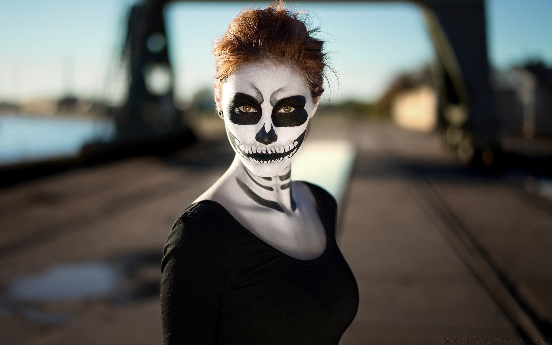 halloween portrait street girl one woman city adult urban zombie car face model fear travel horror scary road fashion