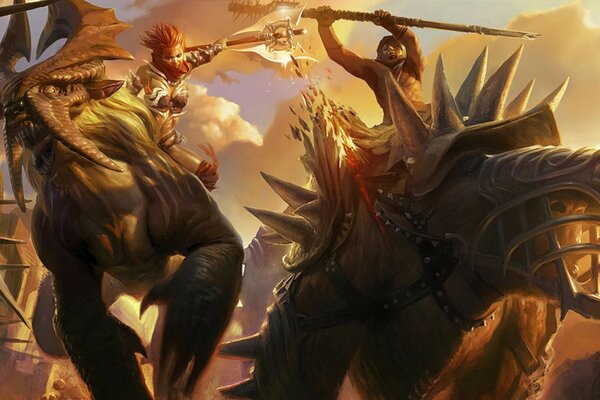 Fantasy warriors on huge animals