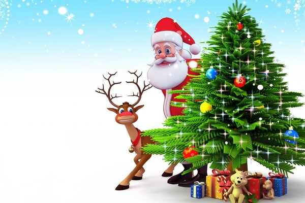 Cartoon, Christmas wallpaper with a deer and Santa Claus