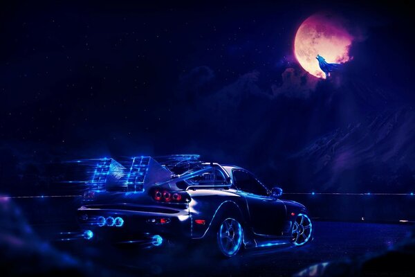 A car in the moonlight hurries to halloween