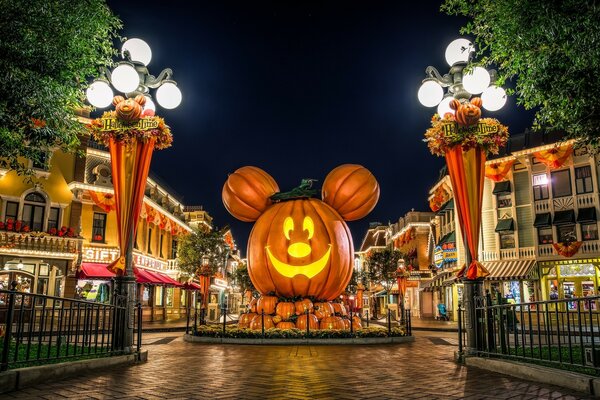 A beautiful square with a pumpkin in the form of a mouse