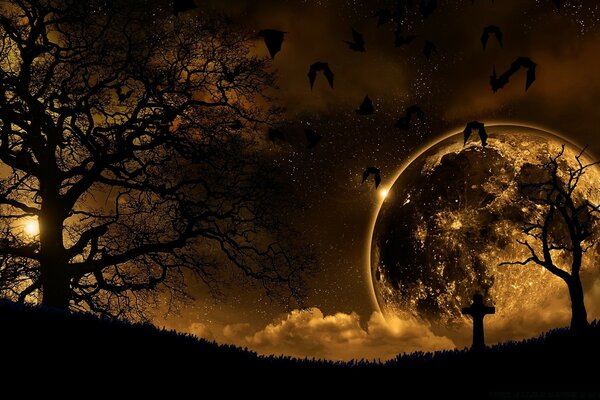 Halloween. A huge moon. Graveyard and bats